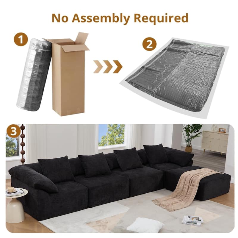 142" L Shaped Modular Sectional Sofa, 5 Piece Couch, Convertible Sleeper, Chenille, Black