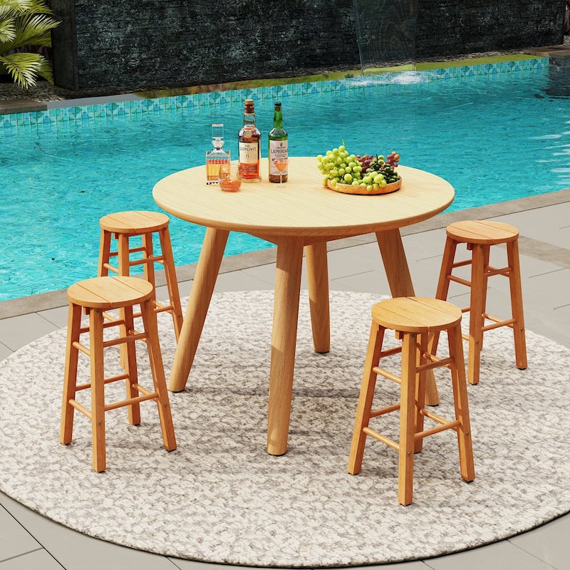 Gymax 24-Inch Outdoor Wood Bar Stools Set of 4 w/ Round Seat Footrest