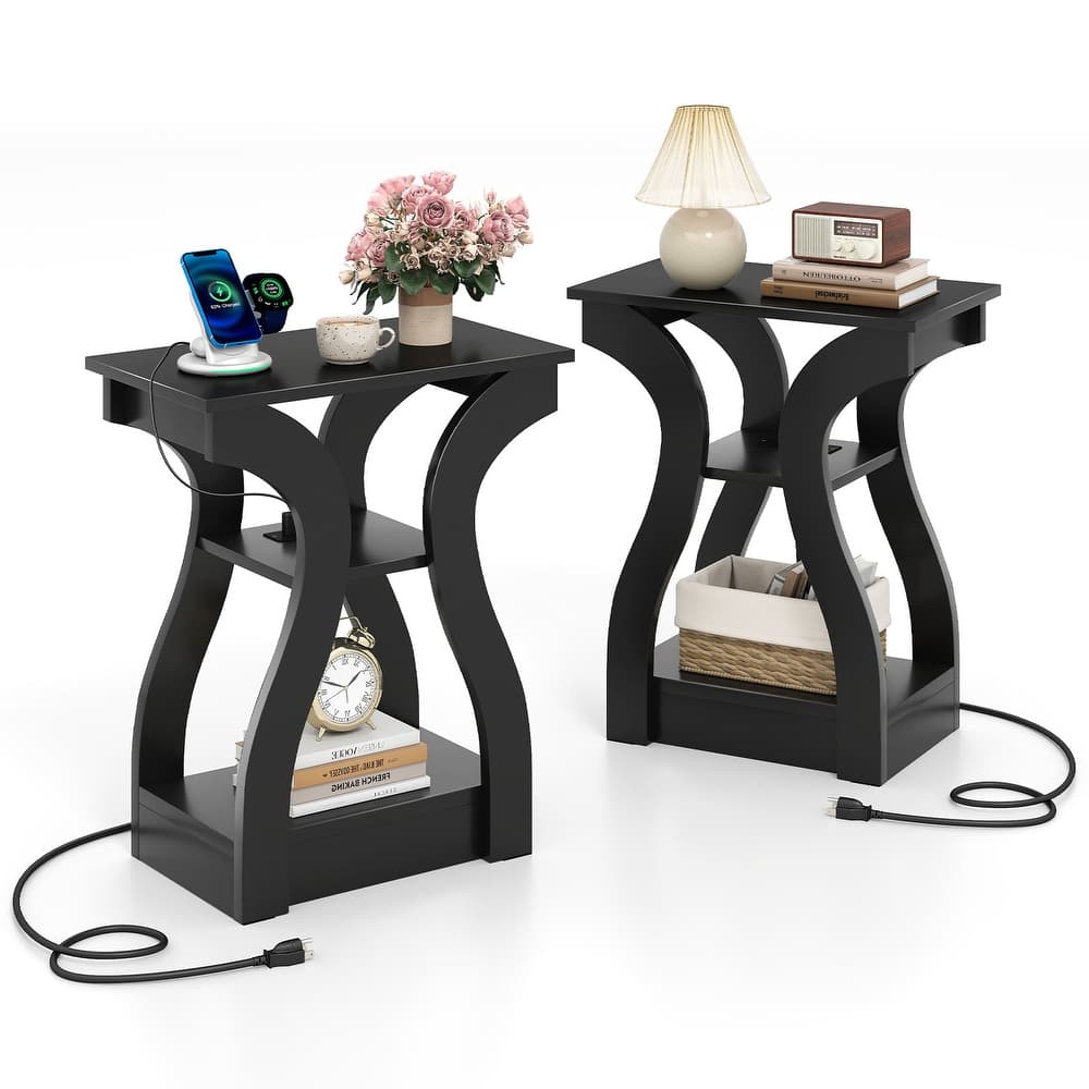 Gymax End Tables w/Charging Station Set of 2 3-Tier Side Tables w/USB
