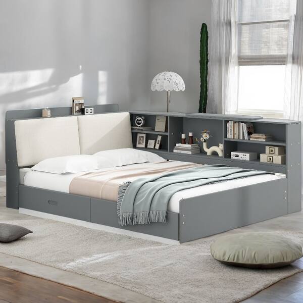 slide 2 of 34, L-Shaped Platform Bed with Storage Headboard with Left Shelf and 2 Drawer Gray - Full