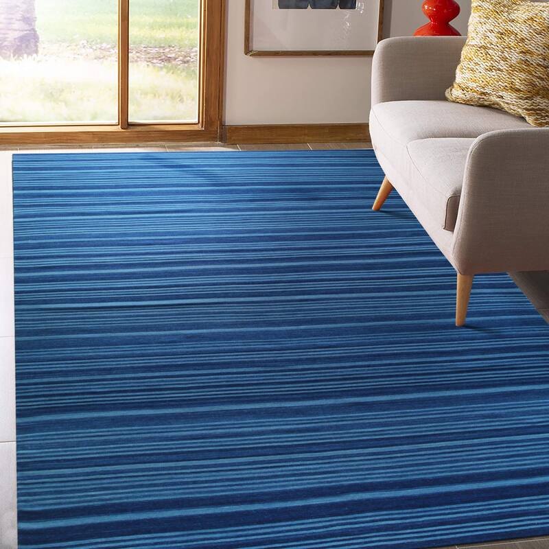 Home Decor Blue Hand-Woven Wool Flat Modern Weave Rug by EORC Stylish and Elegant Area Rug for Adding a Contemporary Touch