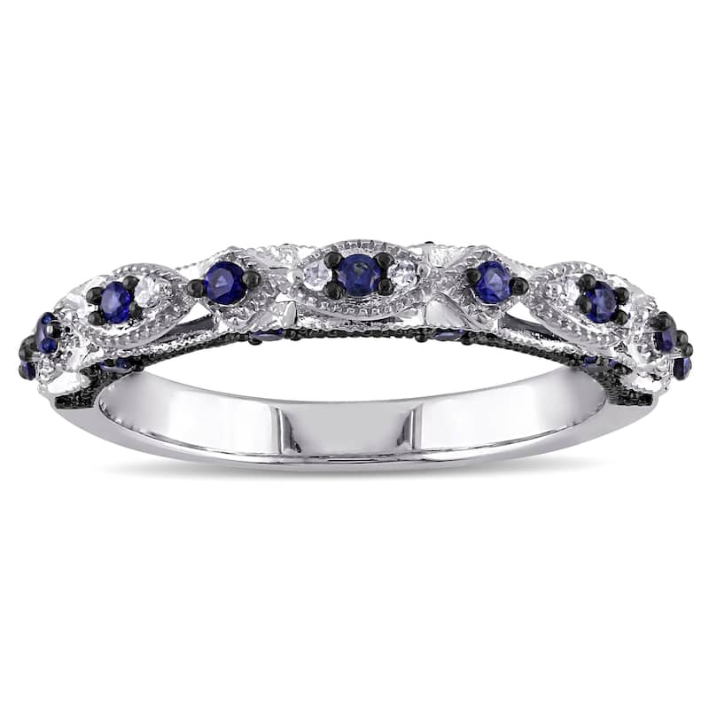 Miadora 10k White Gold Created Blue Sapphire and Diamond Accent Vintage Anniversary Ring