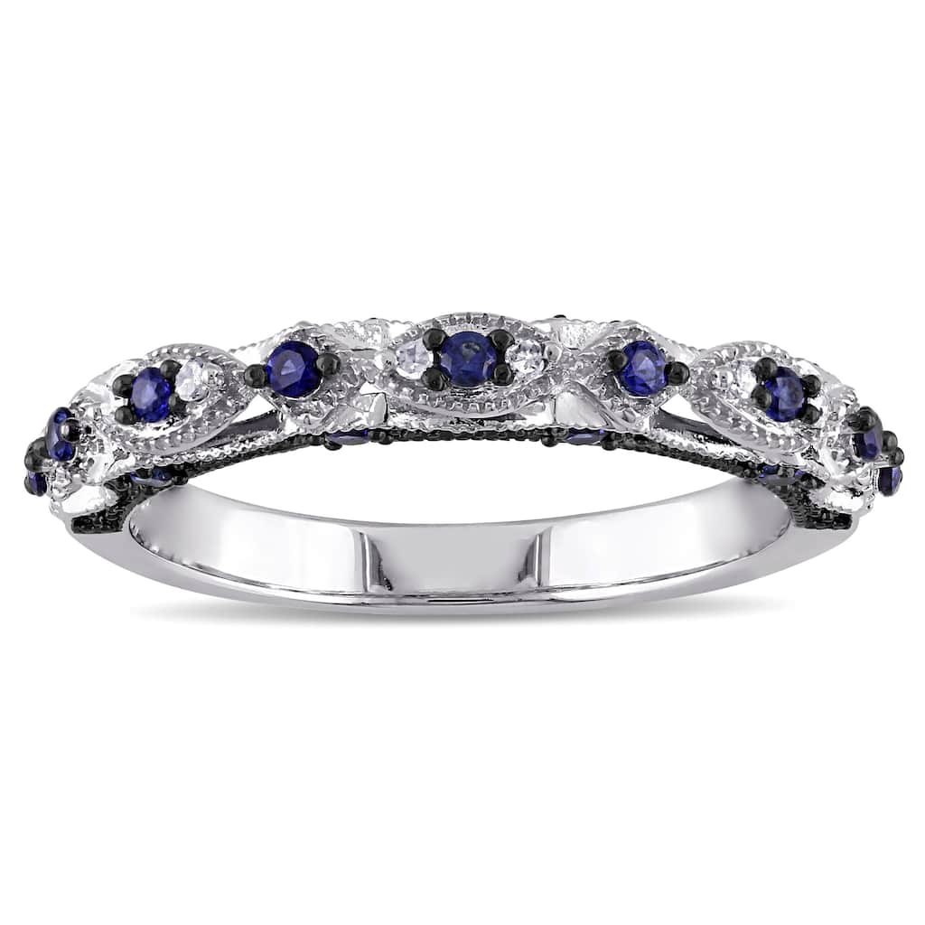 Miadora 10k White Gold Created Blue Sapphire and Diamond Accent Vintage Anniversary Ring