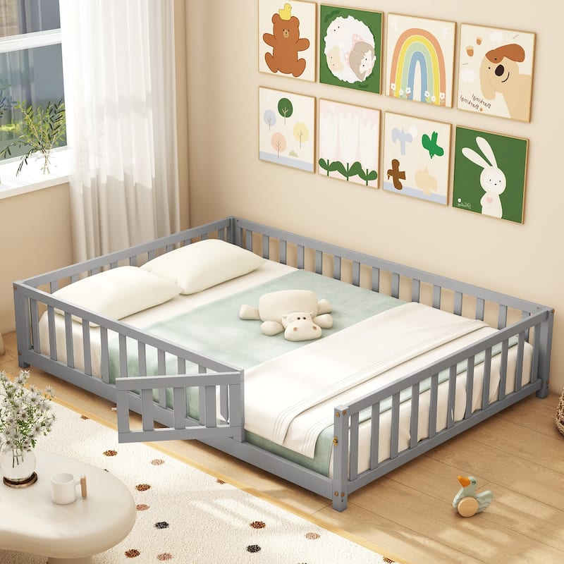 Montessori Floor Bed Frame with Full-length Guardrails Safety Door and Plywood Slats