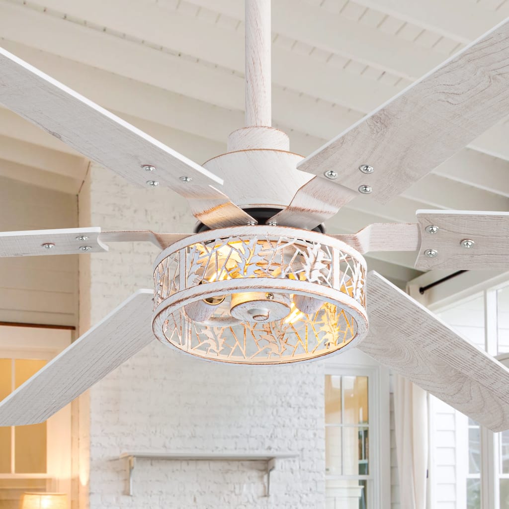 2pcs 46-inch Reversible 6-Blade Distressed White Ceiling Fan with Light and Remote