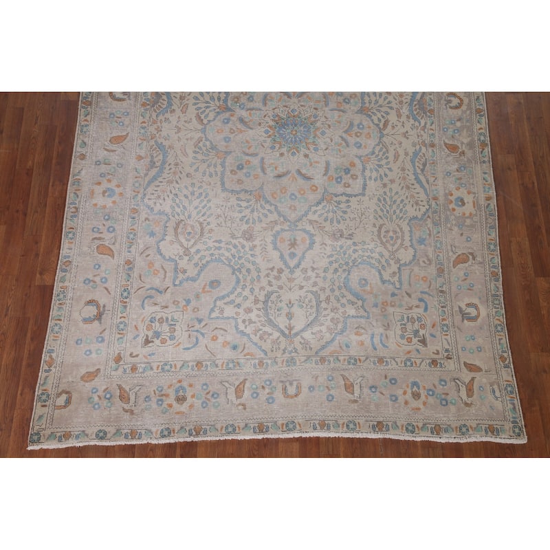 Antique Floral Distressed Tabriz Persian Rug Hand-knotted Wool Carpet - 6'8" x 10'0"