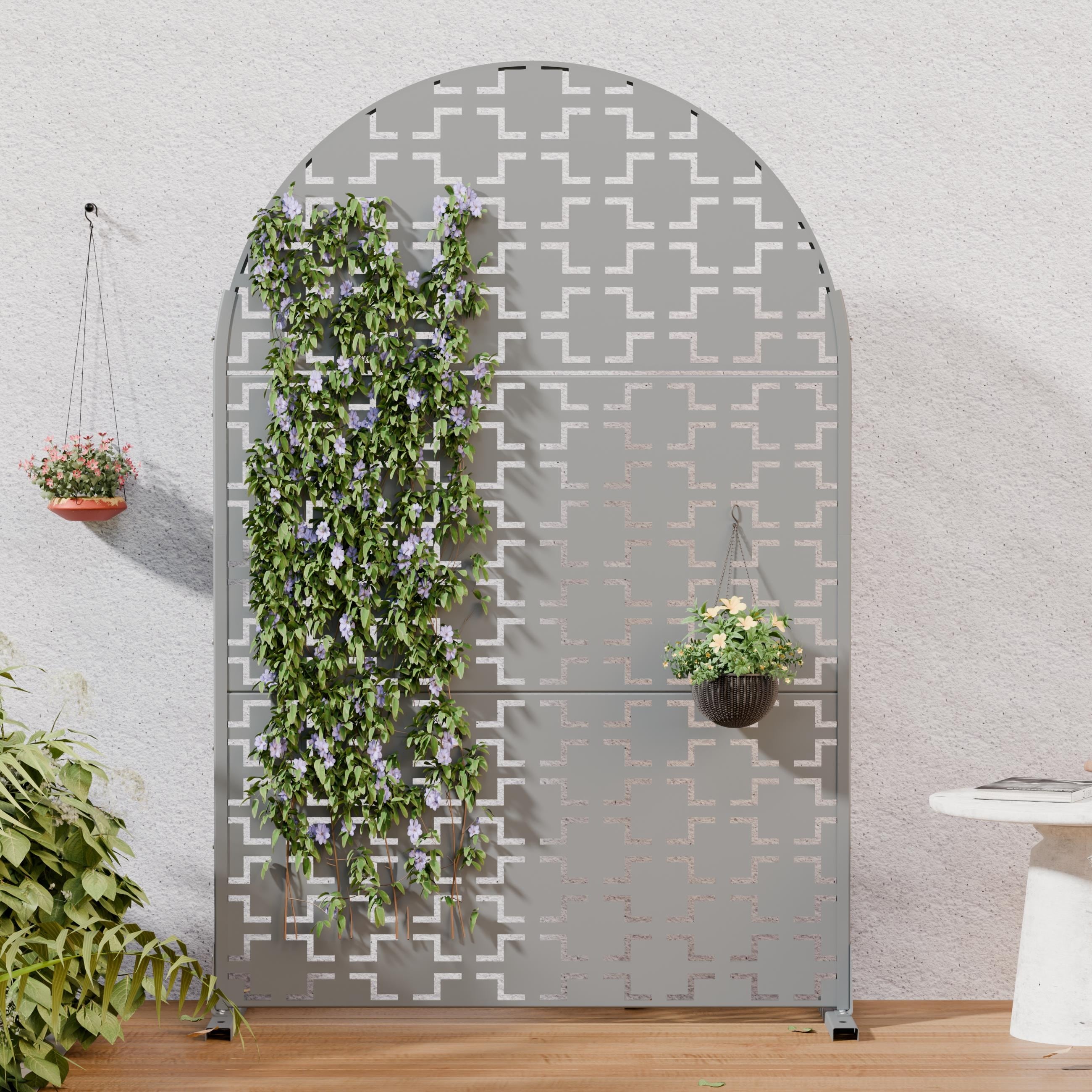 Arched Metal Privacy Screen Outdoor Freestanding Privacy Fence with Weatherproof Steel Frame Decorative Laser-Cut Panel Gray