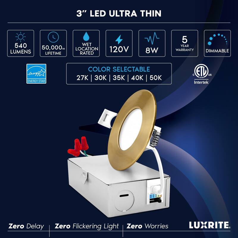 Luxrite 3 Inch Ultra Thin LED Recessed Light J-Box, 8W, 5CCT, Dimmable, 540 Lumens, Brass Trim