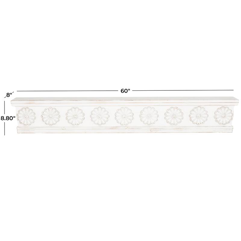 White Wooden Floral Room Wall Shelf with Brown Distressing