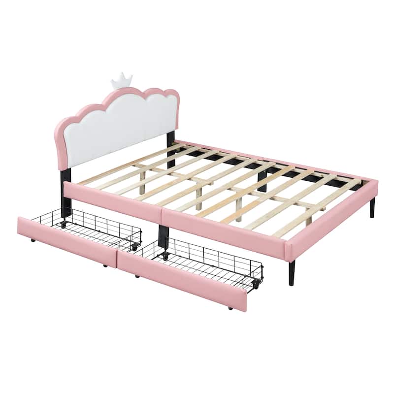 Princess Bed PU Platform Bed with Crown Headboard and 2 Drawers - Bed ...