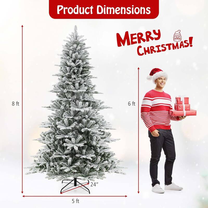 Christmas Tree Snow Flocked Hinged Cold Holiday Decoration Tree - Green, White - 8 Foot