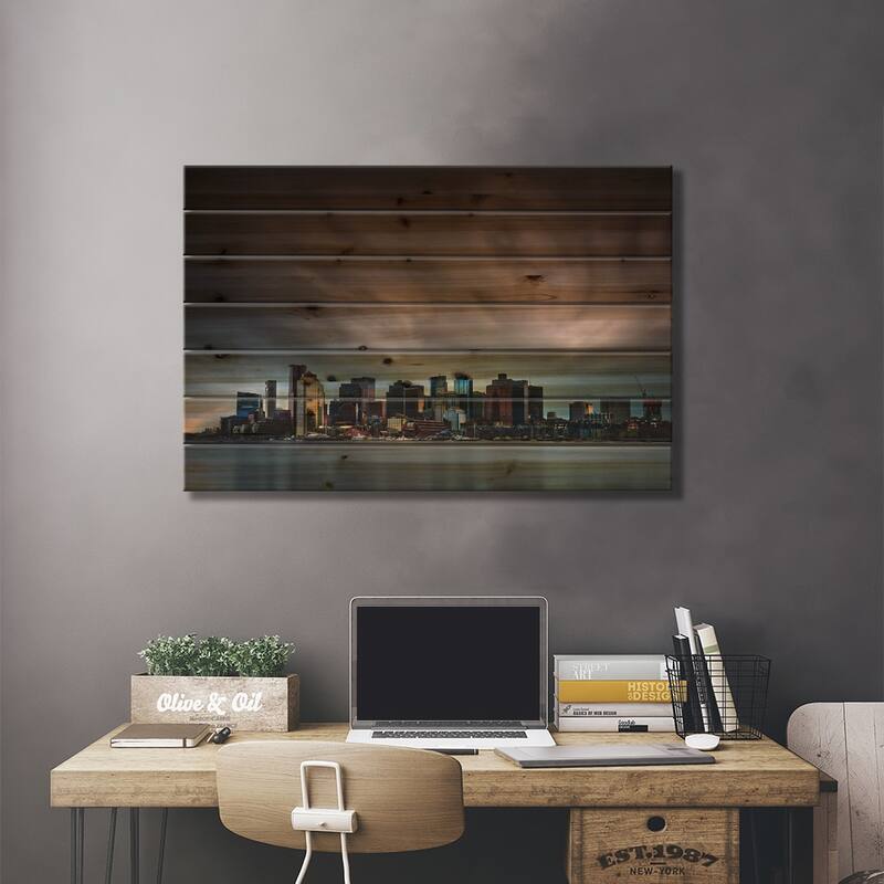 Boston Skyline Print On Wood by Miki Joven - Multi-Color
