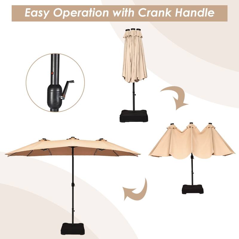 15 Ft Solar LED Patio Double-sided Umbrella Market Umbrella with Weight Base - 15' x 8' (W x H)