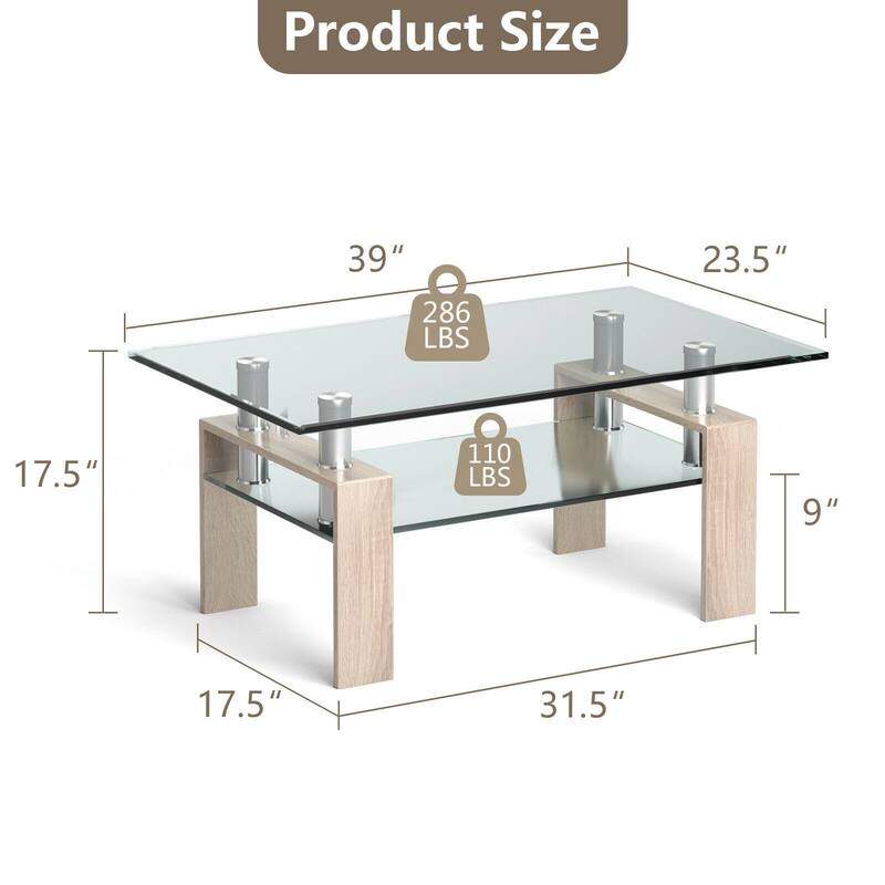 Rectangle Glass Coffee Table with Metal Legs for Living Room - 39" x 23.5" x 17.5"