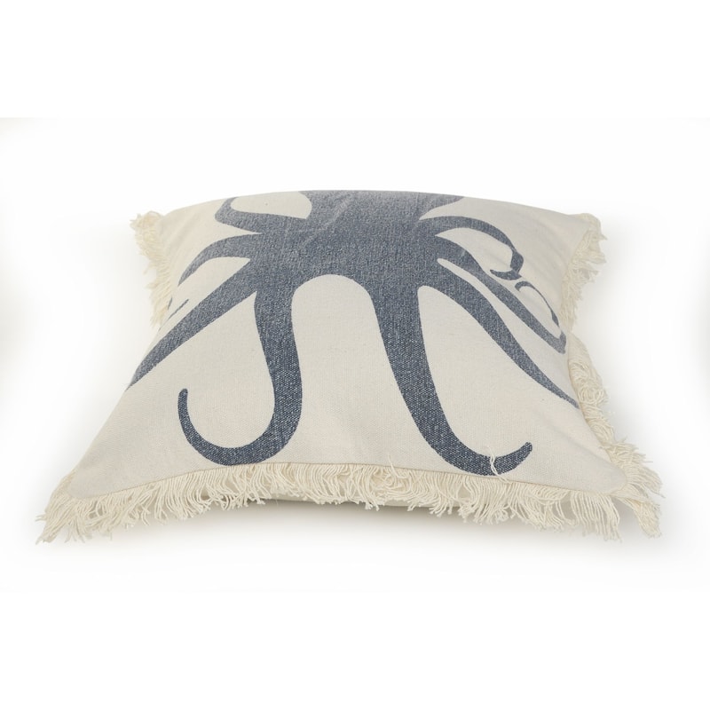18" Navy Blue and White Octopus Fringe Coastal Throw Pillow