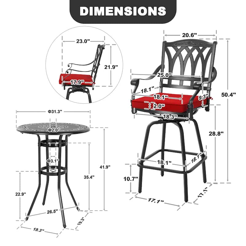 3PCS Cast Aluminum Outdoor Swivel Bar Set with Umbrella Hole, Olefin Cushions, Black and Red