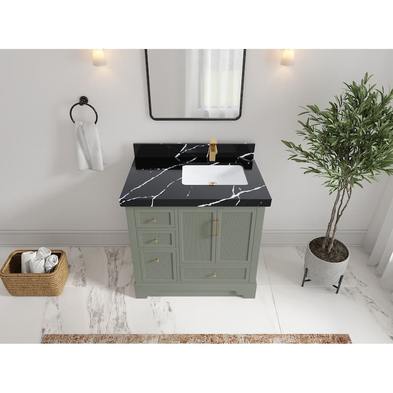 Willow Collections 36 in. W x 22 in. D Alys Right Offset Sink Bathroom Vanity with Countertop - 2"Calacatta Black - Evergreen