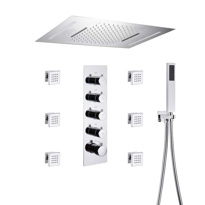 Luxury 4-Spray Patterns 23 in. Ceiling Mount Shower System with Handheld Shower Head, 6 Body Jets, LED, and Music - 15" x 23"