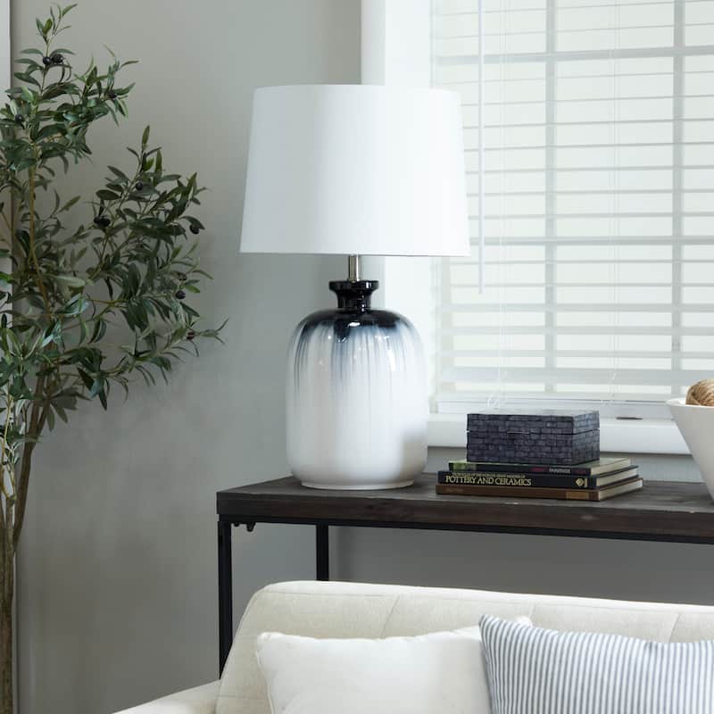 White Glass Gourd Style Base Room Table Lamp with Drum Shade - White