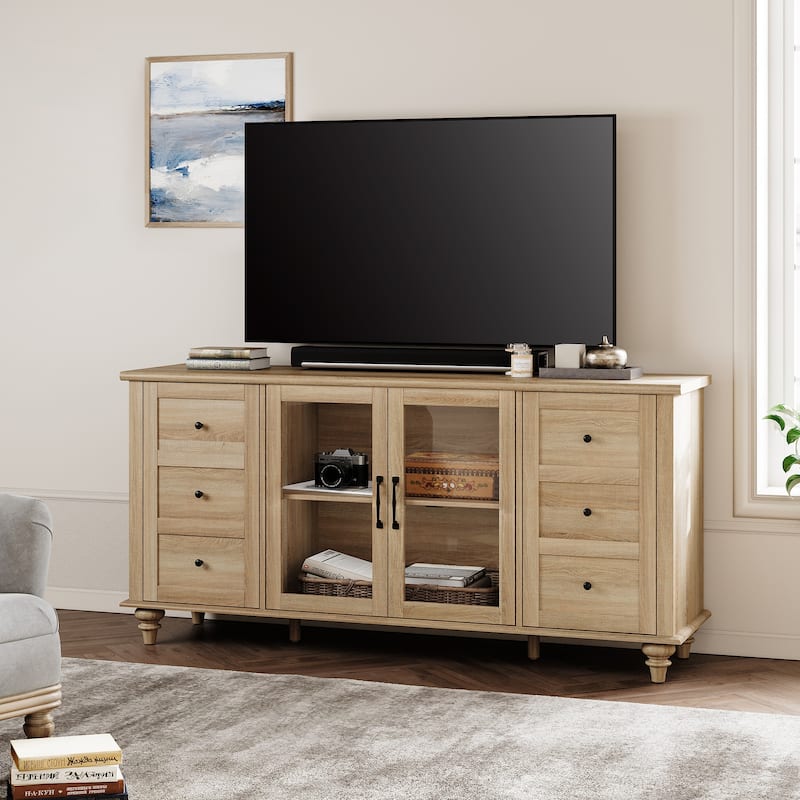 WAMPAT Glass Door Farmhouse TV Stand for TVs Up to 75 inch, Wood Universal TV Console Table