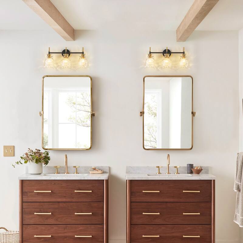 1-Light/3-Light Matte Black and Antique Brass Bathroom Vanity Light with Water-Rippled Glass Shade