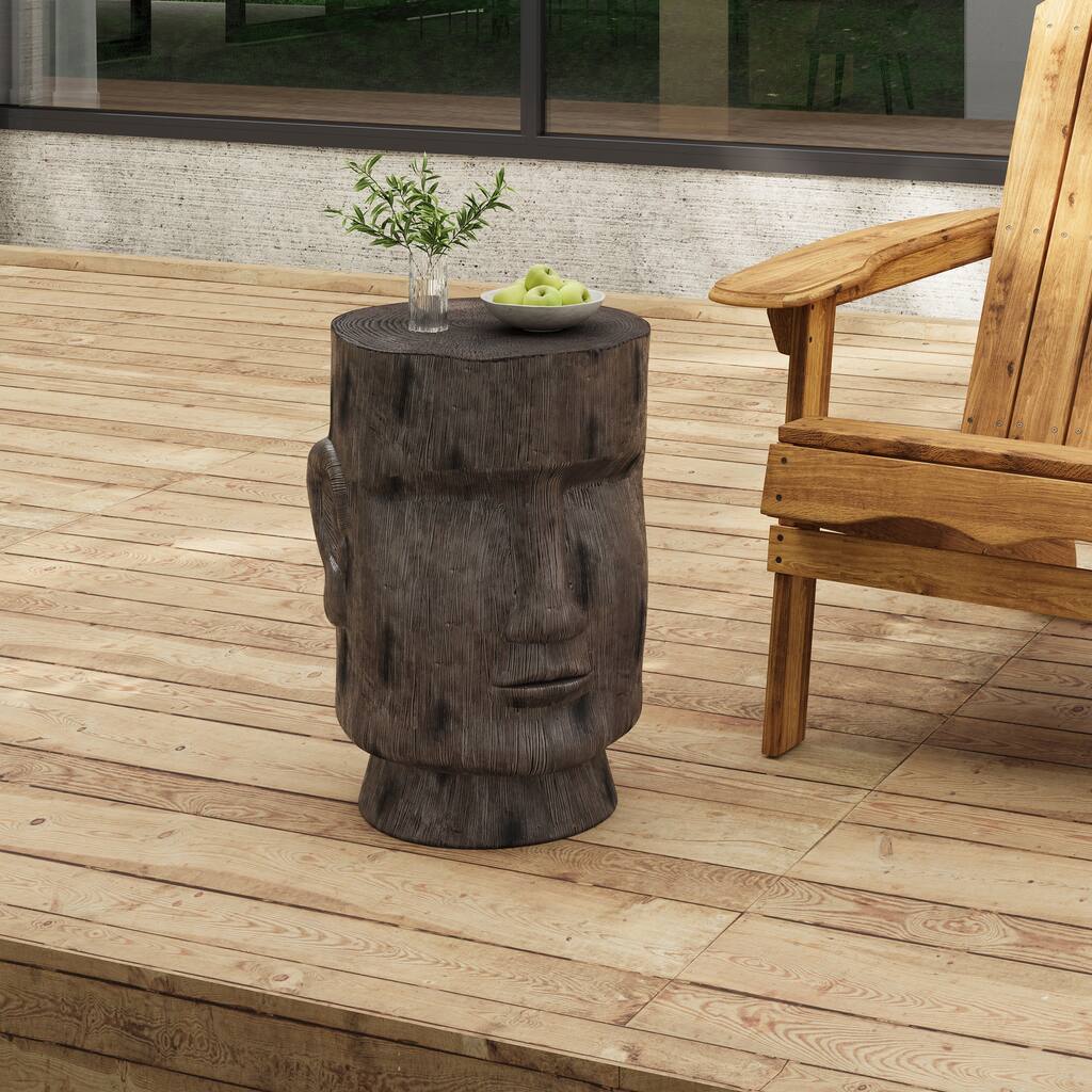 Roomfitters Easter Island Moai Statue Outdoor Side Table, Stone-Look Garden Stool & Pedestal for Patio, Yard, Light Grey