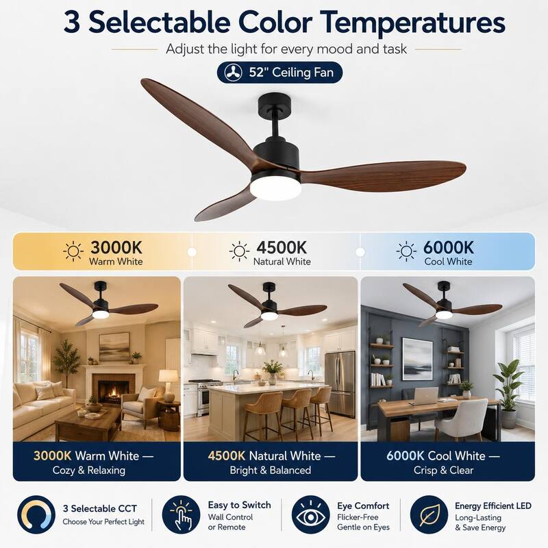 Airsurfer 52 in LED Ceiling Fan with Light, 3 Blades, Remote Control, 6 Speeds