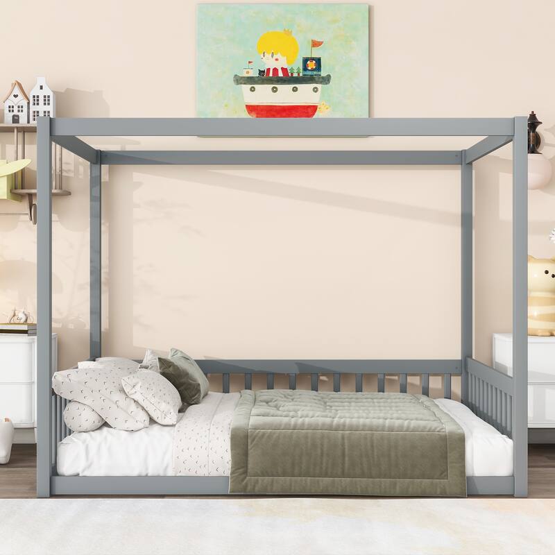 Full Size Canopy Frame Rubber Wood Floor Bed with Fence