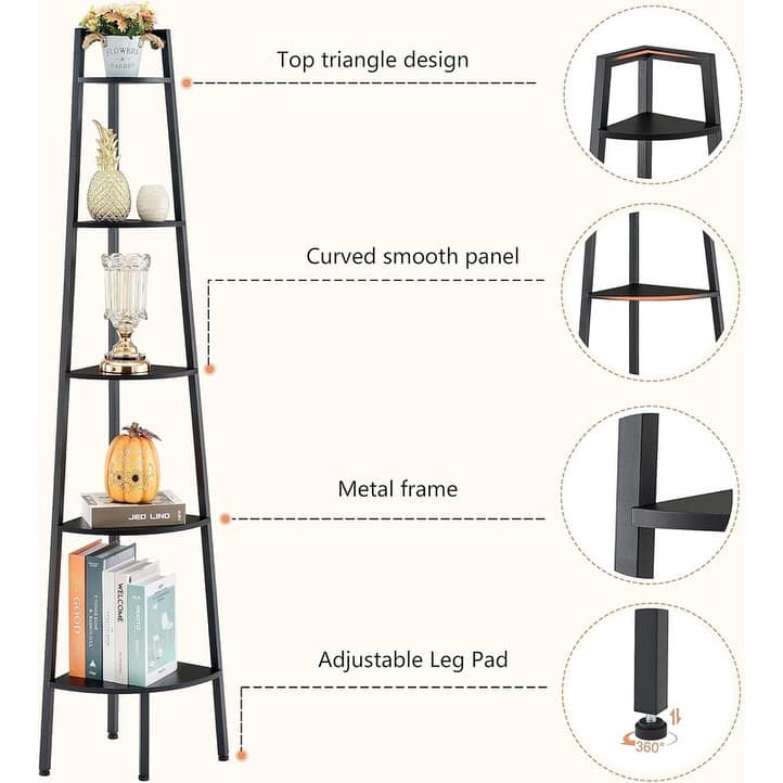 5-Tier Corner Bookshelf, Rustic Ladder Shelf