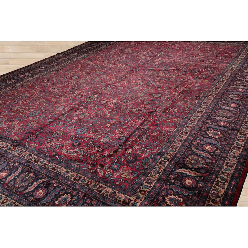 Hand Knotted Mashad Burgundy 100% Wool Traditional Oriental Area Rug - 12' 4'' x 16' 7''