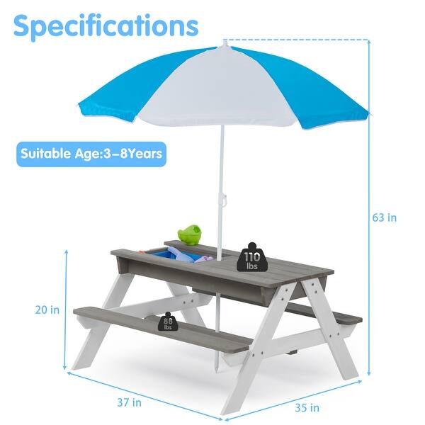 3-in-1 Kids Wood Outdoor Picnic Table with Umbrella, Convertible Sand & Wate
