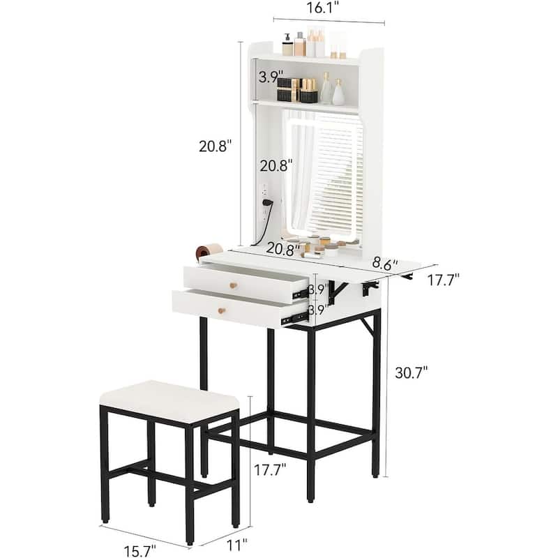 Small Compact Vanity Desk with LED Mirror and Lights for Bedroom Apartment