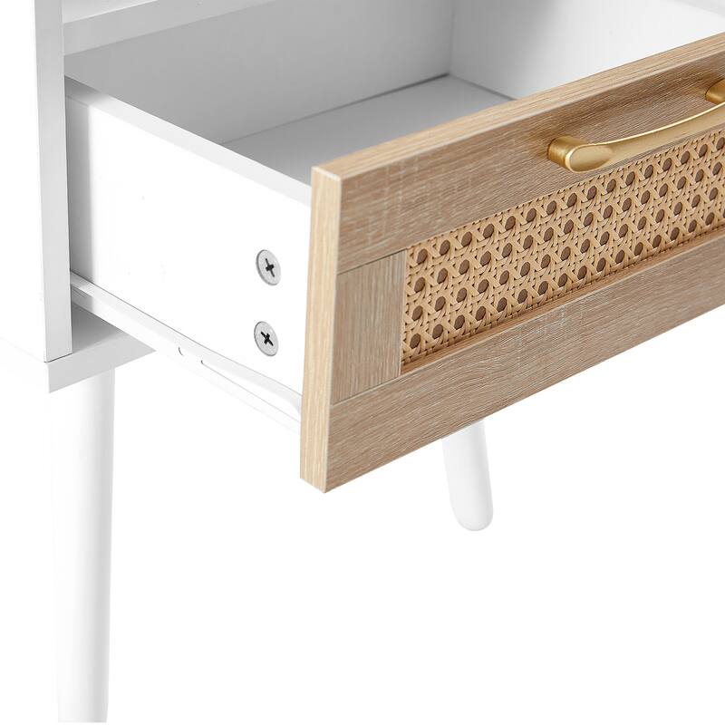 15.75" Rattan End table with Power Outlet & USB Ports, nightstand with drawer and solid wood legs, side table