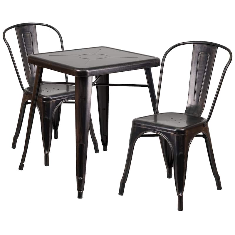 23.75'' Square Metal Indoor-Outdoor Table Set with 2 Stack Chairs - Black-Antique Gold