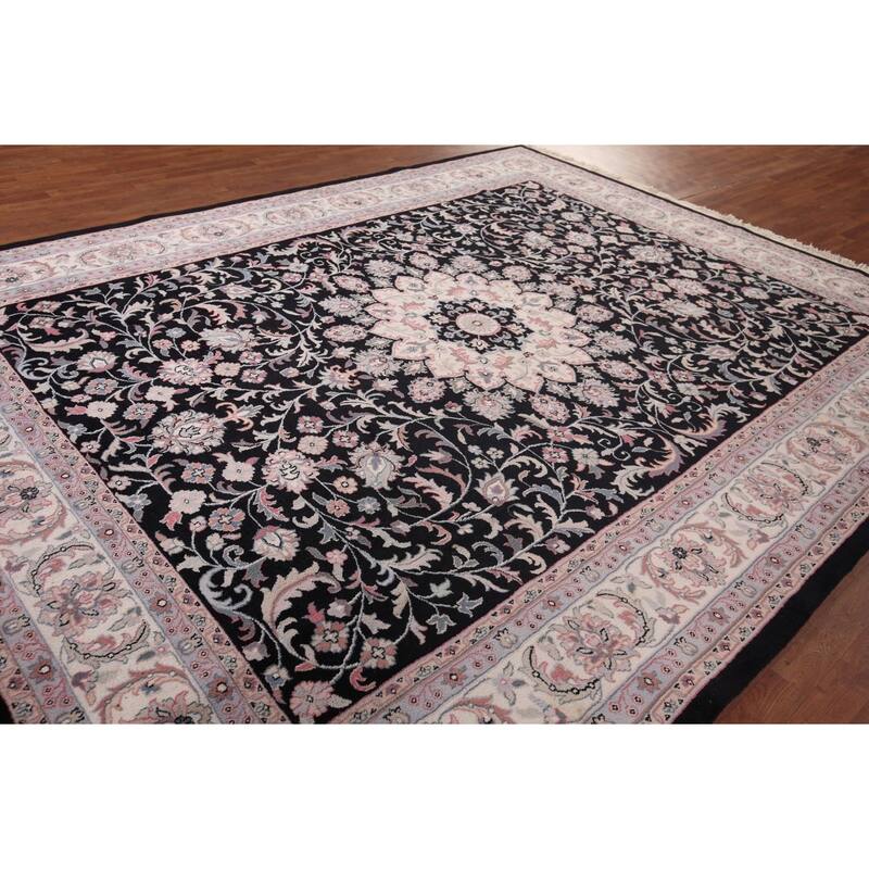 Black Floral Kashan Indian Area Rug Handmade Wool Carpet - 9'2"x 11'10"
