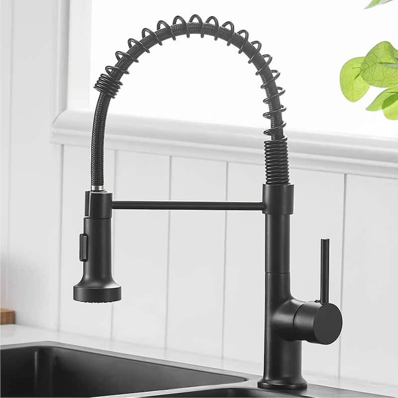 Commercial Kitchen Sink Faucet With Pull Down Sprayer Kitchen Faucets Single Handle Spring High Arc Mixer Faucets With Valve - Matte Black