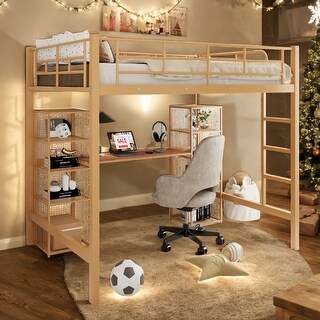 Full Size Metal Loft Bed with Built-in Desk and Shelves, Gold