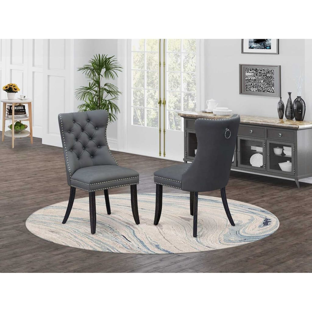 Modern Parson Dining Chairs Set of 2 - Gray Faux Leather Upholstered Accent Chairs Nailhead Trim
