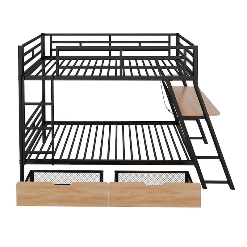 Full Size Metal Bunk Bed with Built-in Desk, Light, and 2 Drawers - Black
