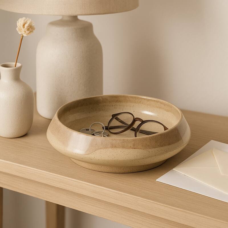 Decorative Round Glazed Pottery Bowl - 15", Brown - 15.0" - Brown - 15.0"