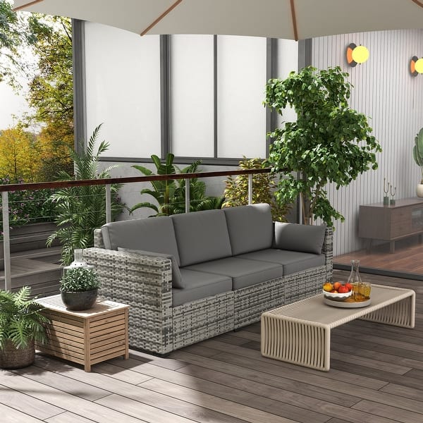 slide 2 of 8, Outsunny Wicker Patio Couch, PE Rattan 3-Seat Sofa, Outdoor Furniture Grey