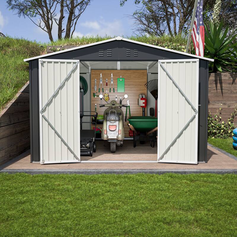 10x10 FT Outdoor Storage Shed, Utility Metal Tool Storage with Lockable Doors and Updated Frame Structure, Large Metal Shed