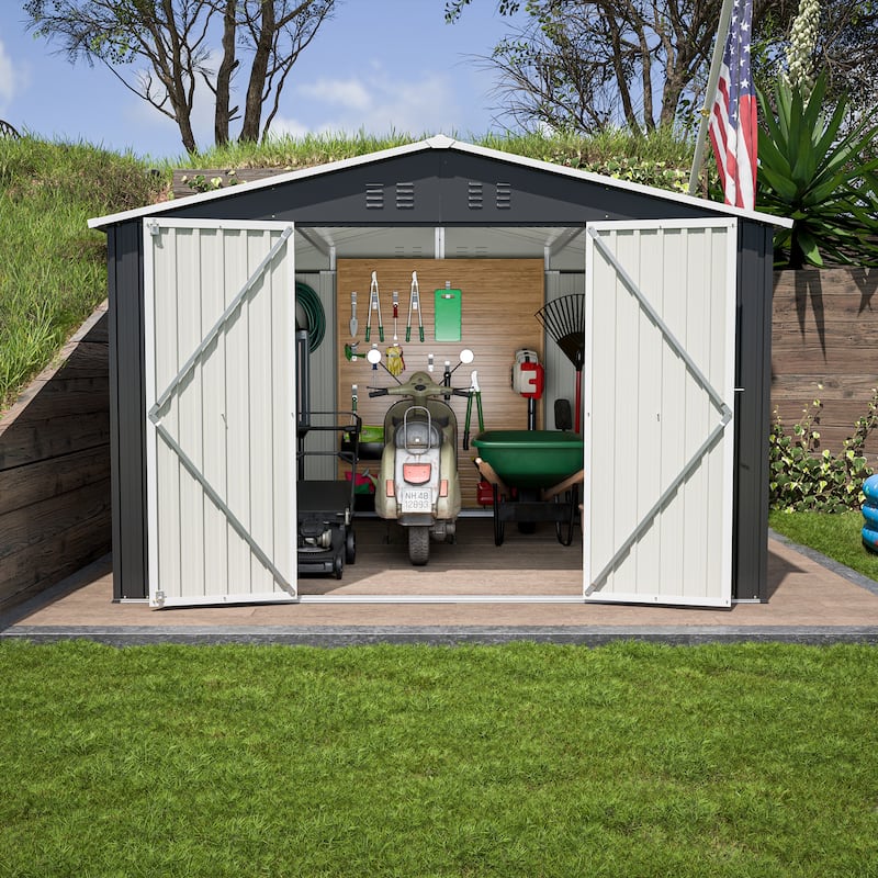 GDFStudio - Cassandra Large 10 x 10 FT Outdoor Metal Storage Shed with Lockable Doors