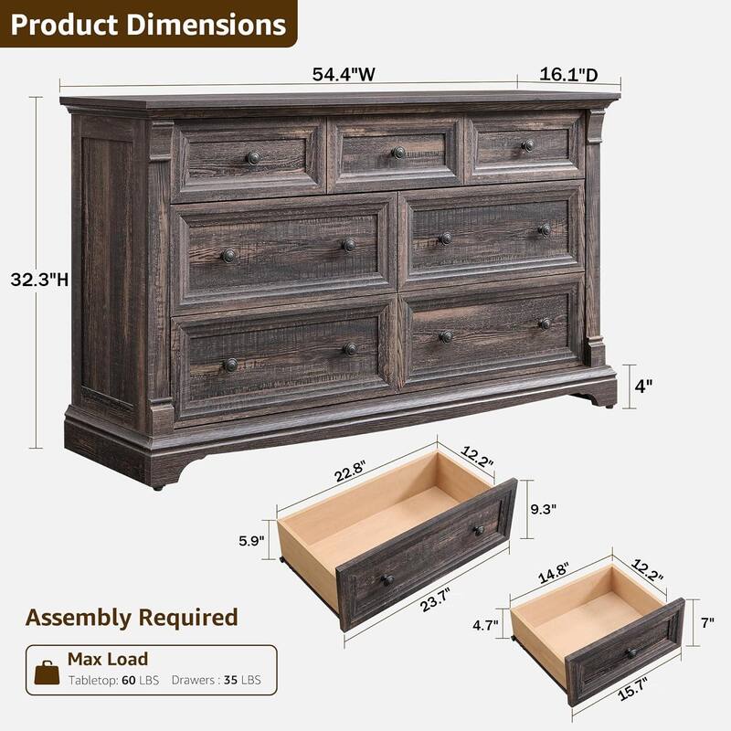 Farmhouse 7-Drawer Dresser for Bedroom, Wood Rustic Chest of Drawers