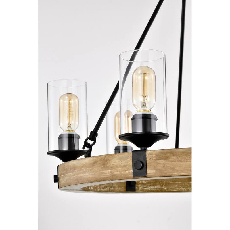 Matte Black and Vintage Wood 6-Light Wheel Chandelier with Clear Glass Shades