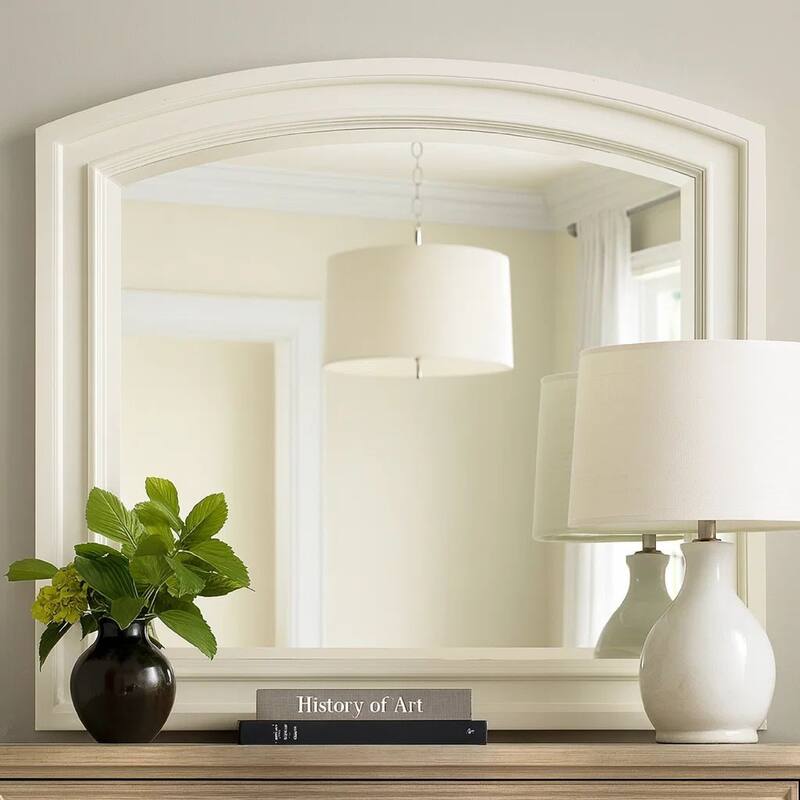 Wooden Mirror with Raised Edges and Curved Top, White