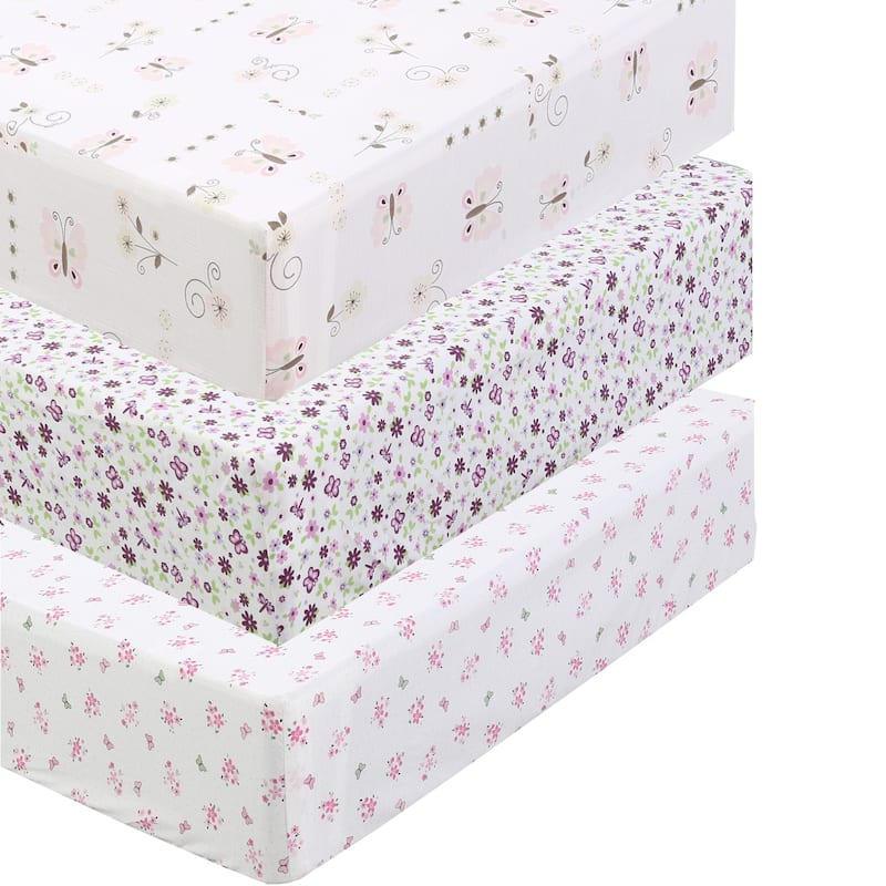 Princess Flower Butterfly Ladybug Animals Dot Girls Pink Purple Cotton Toddler/Baby Crib Child Fitted Sheet Set (Pack of 3)