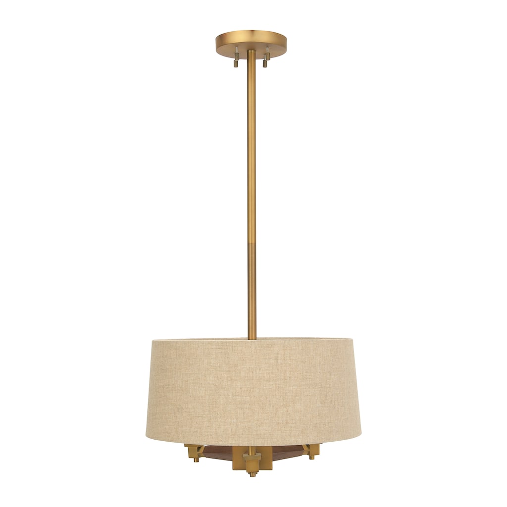Mid Century Metal and Wood Ceiling Light with Linen Drum Shade - 17.7"L x 17.7"W x 36.0"H