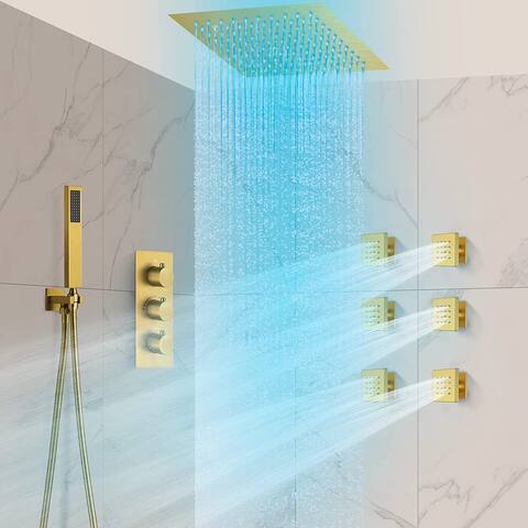 12" LED Ceiling Rainfall Shower 3 Way Thermostatic Faucet System w/ 6 Body Jets with Remote Control