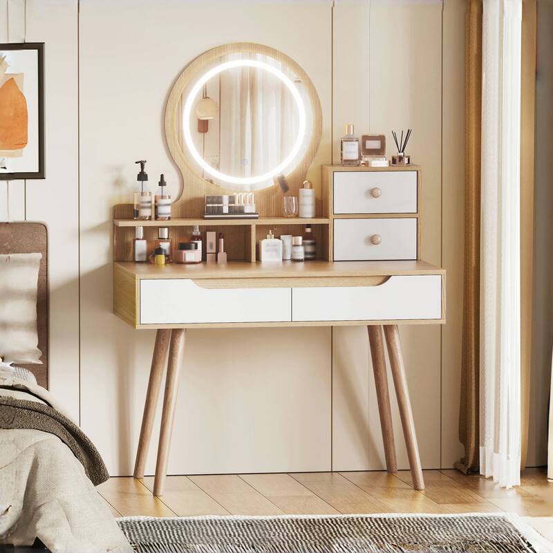 Makeup Vanity Desk with 3 Adjustable Lighted Mirror - White Oak